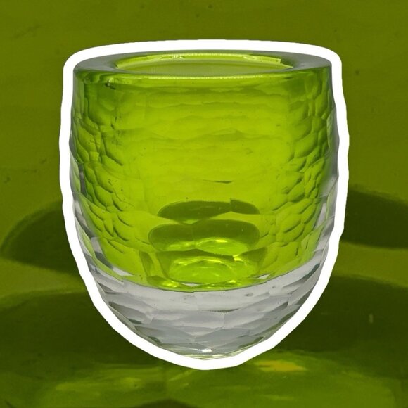 Faceted Green and Clear Art Glass Votive Holder Heavy Quality Glass Collectible - Picture 15 of 15